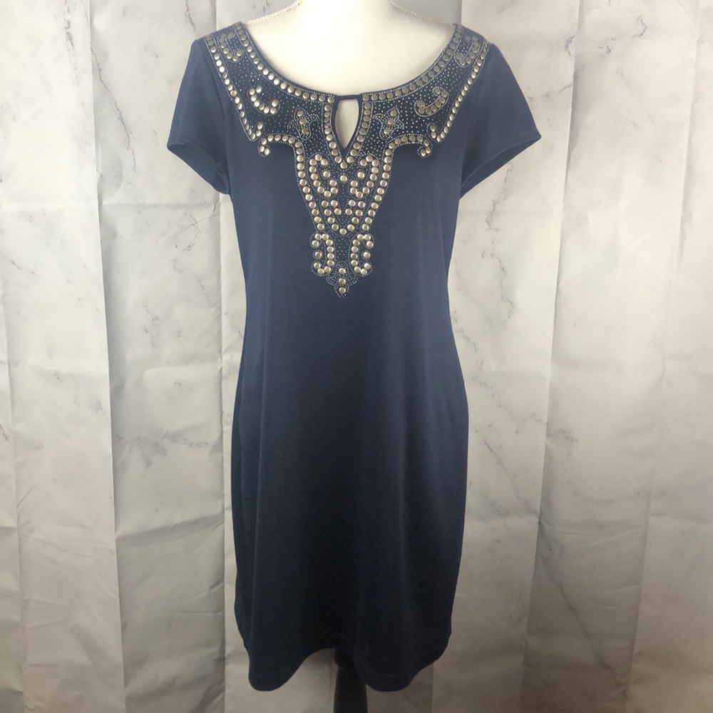 Navy Cap Sleeve Embellished Dress